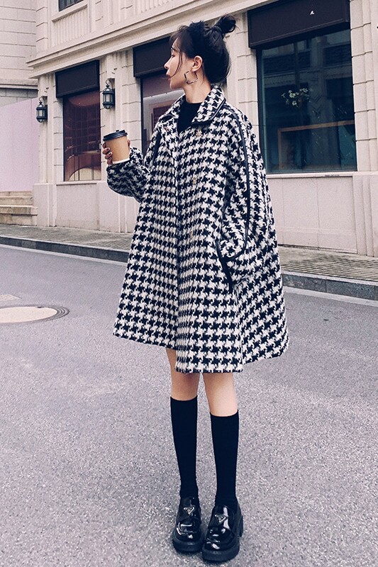 2021冬斗篷款皮质拼接千鸟格外套8880P160控价238,女装毛呢外套,浙宝265