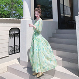 绿色森系高级感木耳边大摆型长裙新款泡泡袖超仙印花连衣裙夏女裙，商品下架区，浙宝265