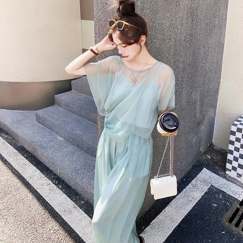 吊带背心+网纱小衫+松紧腰休闲裤三件套套装7194P155控238,女装套装/套裙,浙宝265