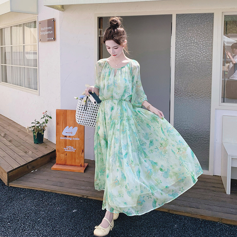 绿色森系高级感木耳边大摆型长裙新款泡泡袖超仙印花连衣裙夏女裙，商品下架区商品下架区，浙宝265