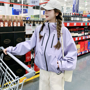 独特超好看紫色冲锋衣女春秋新款小个子高级感炸街短外套流行爆款图片