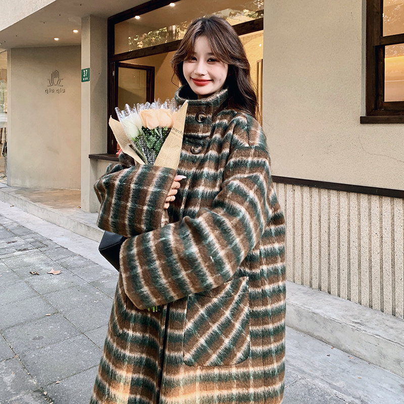 韩版中长款过膝格纹毛呢大衣女2025冬季新款休闲加厚显瘦呢子外套,女装毛呢外套,浙宝265