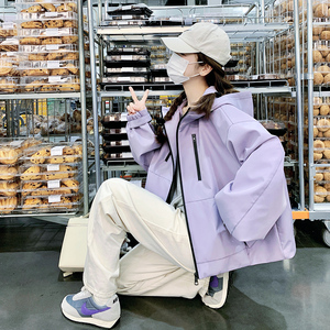 独特超好看紫色冲锋衣女春秋新款小个子高级感炸街短外套流行爆款图片