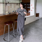 条纹拼接背带连衣裙假两件女2024夏季新款高腰显瘦设计感气质裙子，女装连衣裙，浙宝265