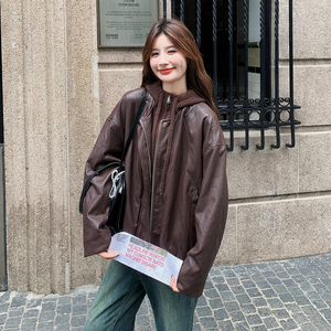 7976皮衣拼接针织连帽外套P185控278，女装皮衣，浙宝265