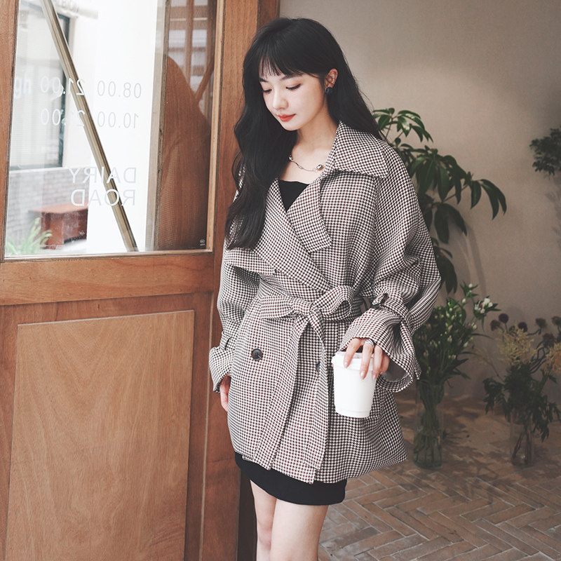 咖色千鸟格风衣外套8047P145控价198,女装风衣,浙宝265