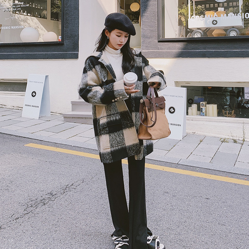 黑色设计感格子毛呢外套女2023秋冬新款韩版高级气质西装式呢大衣,女装毛呢外套,浙宝265