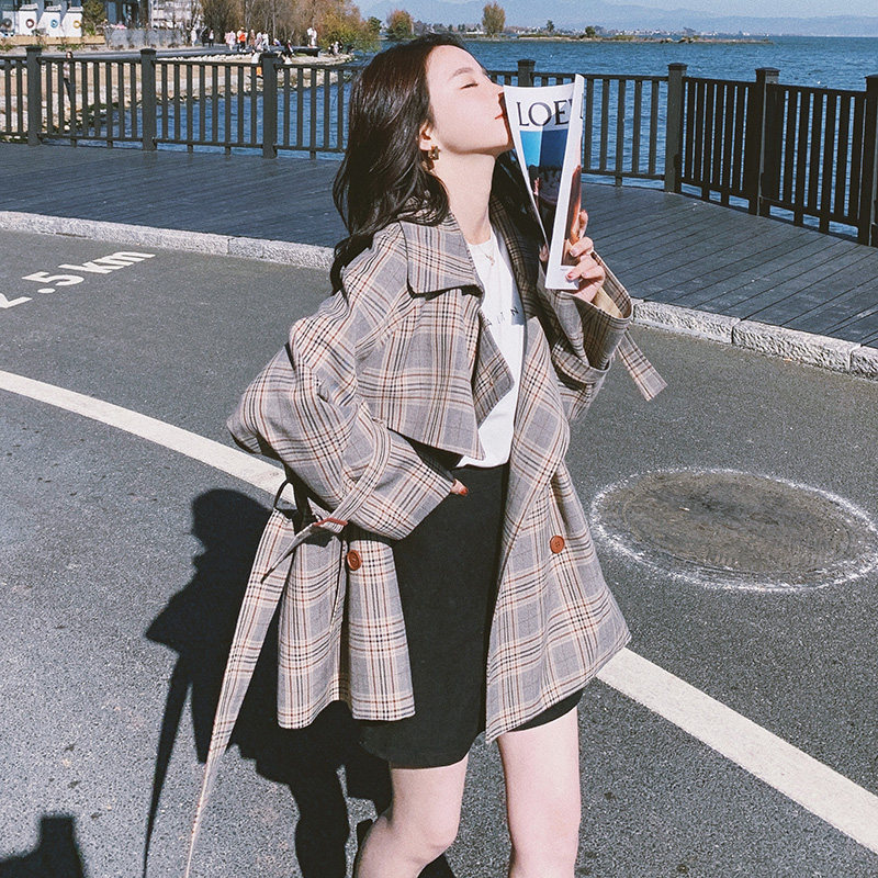 现货2021秋款短款格子风衣外套8715P125控价188,女装风衣,浙宝265