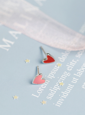 s925纯银爱心耳钉可爱粉色心形耳环甜美百搭小红心少女ins耳坠女