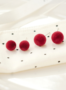 酒渍杨梅  925银针秋冬新款酒红植绒圆球耳钉复古气质百搭耳环女