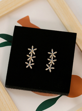 「日落大道」925银清新甜美花朵长款耳环 气质法式温柔锆石耳坠