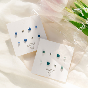 秋冬新款莫兰迪色爱心纯银小耳钉四件套简约百搭陶瓷多耳洞组合女