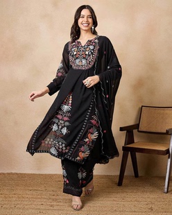 A9-1-3印度进口女装异域风情乔其纱刺绣3件套圆领传统服饰套装黑