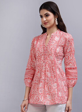 A7-1-3印度女装民族风短款红色印花上衣七分袖春夏透气薄款纯棉