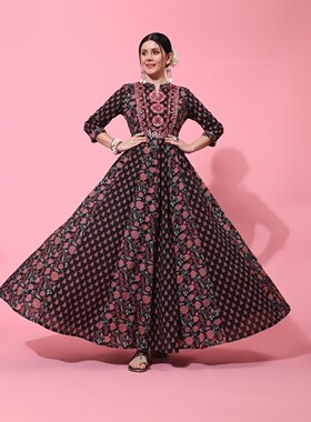 B1-2-3印度进口新品纯棉碎花女连衣裙印花日常休闲大裙摆收腰黑色