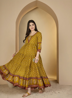 印度进口服饰传统异域风情船领薄款纯棉姜黄色气质印花时尚连衣裙