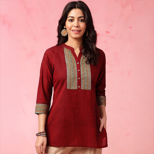 印度服装印巴风格日常气质女装刺绣纯棉薄款立领七分袖红色上衣