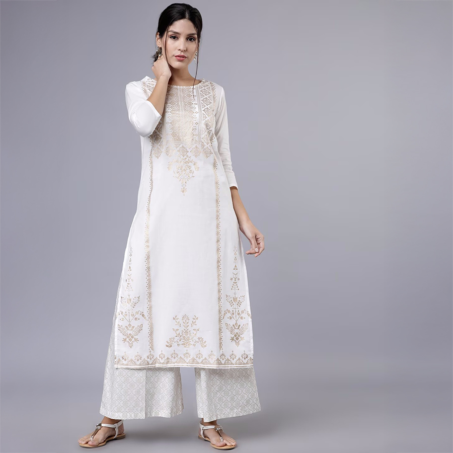 印度传统服饰异域风新款烫金印花棉麻春夏款圆领七分袖白色两件套