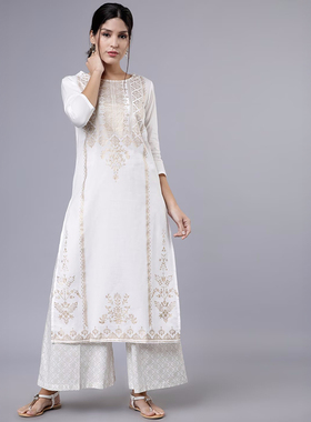 印度传统服饰异域风新款烫金印花棉麻春夏款圆领七分袖白色两件套