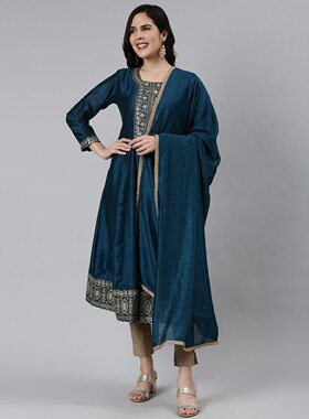 B5-1-2印度服饰女丝绵金线刺绣2件套连衣裙中长款民族风套装 蓝色