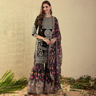 印度进口复古异域风情女装重工刺绣亮片套装乔其纱旁遮比3件套