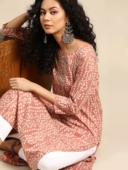 橘粉色 七分袖 野人小饰印度进口民族风库塔上衣纯棉印花中长款 薄款