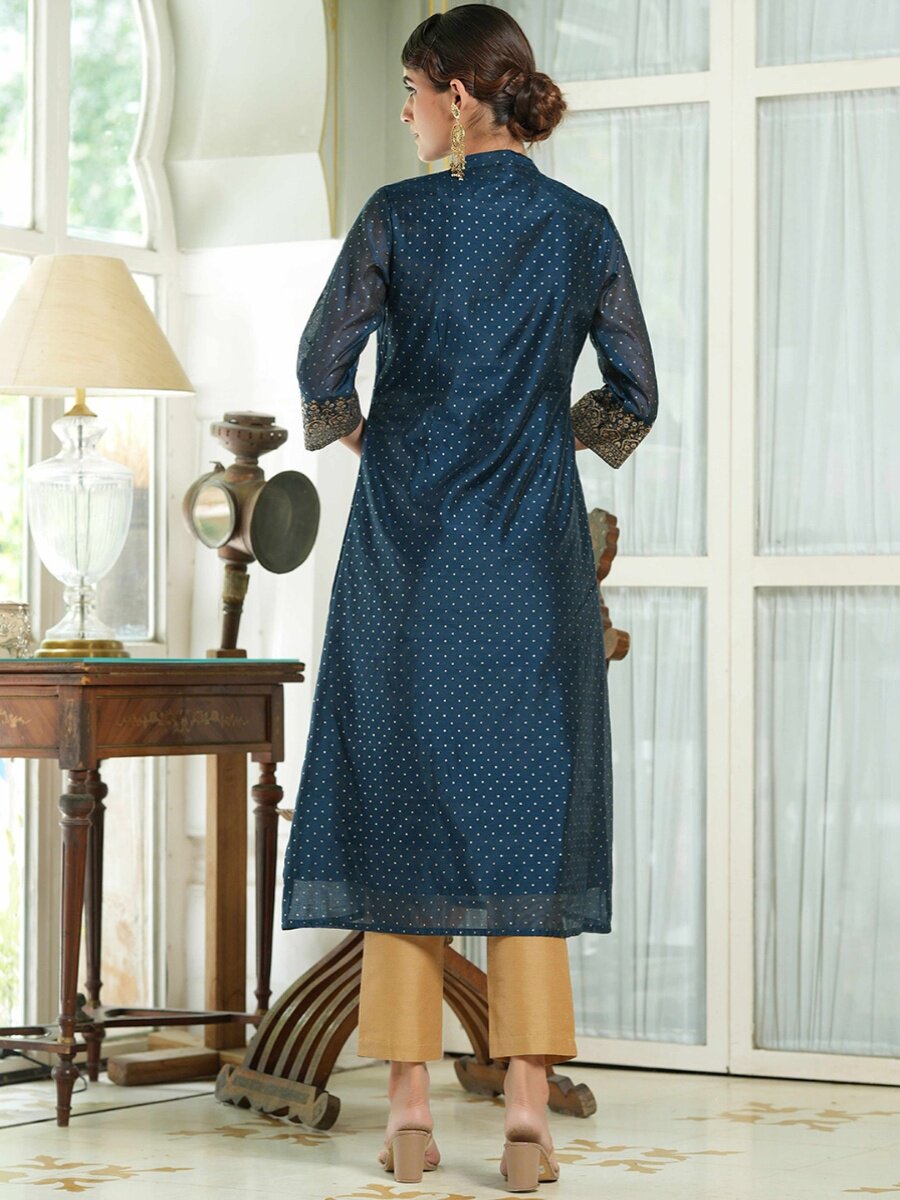 A8-1-2 NEW INDIAN IMPORTED ETHNIC STYLE SILK COTTON EMBROIDERY LONG TOP SMALL STAND COLLAR POLKA DOT BRONZING NAVY