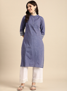 印度传统服饰成人日常气质女装刺绣纯棉薄款圆领七分袖紫色上衣