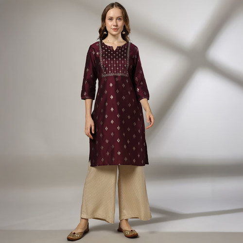 印度进口宽松服装女绵绸金线刺绣圆领舒适中长款大气深紫色上衣