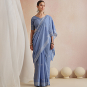 印度进口蓝色纱丽优雅气质异域风情薄款 特色简约印花棉质节日年会