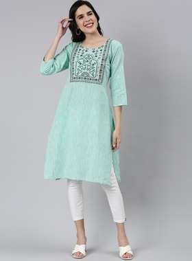 B4-1-2夏新款印度女装异域民族风刺绣中长款上衣通勤女装 绿色 棉