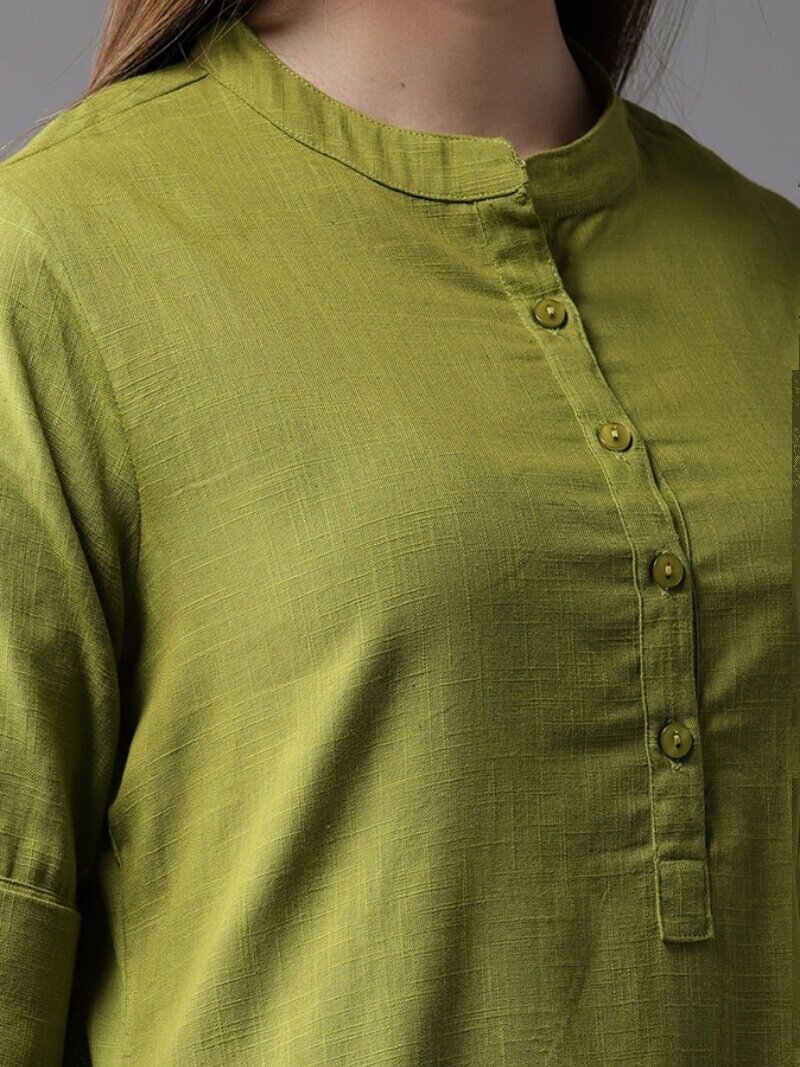 2024 SUMMER NEW INDIAN IMPORTED WOMENS COTTON TOP MID-LENGTH STAND-UP COLLAR CASUAL DAILY THIN GREEN