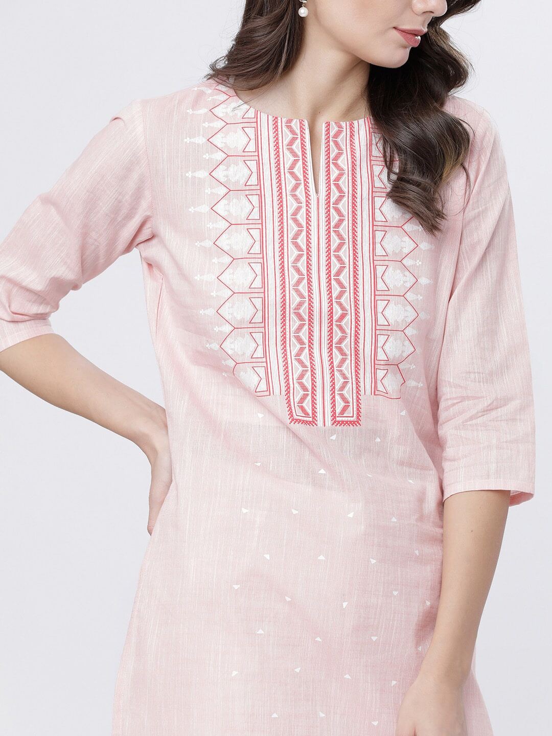 A4-1-4 INDIA IMPORTED ETHNIC STYLE WOMENS CLOTHING PRINTED EVERYDAY WEAR MIDI TOP COTTON PINK TRIPLE SLEEVE