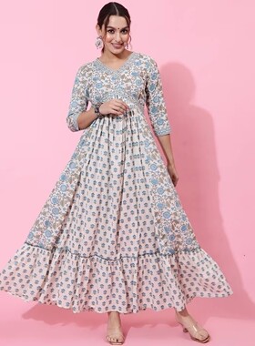 B1-2-3印度进口新品民族风服装纯棉印花设计v领女碎花裙长款 蓝色