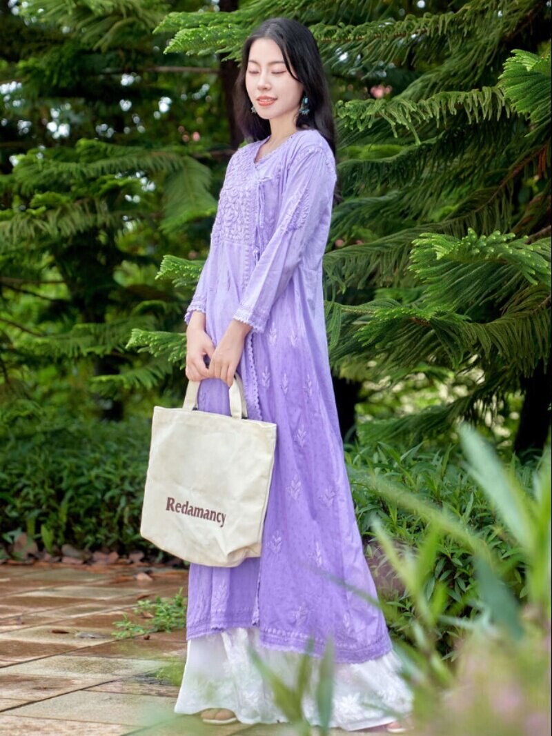 B1-1-2 INDIAN IMPORTED ETHNIC STYLE WOMENS MID-LENGTH COTTON GRADIENT PURPLE HAND-EMBROIDERED THIN TOP