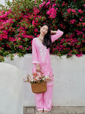 B1-2-2 印度进口民族风垂坠感绵绸刺绣2件套中长款薄款瑜伽服粉色