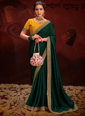 印度女装绿色进口重工丝混纺刺绣重工节日婚礼复古光泽感华丽纱丽