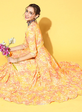 印度进口纯棉连衣裙刺绣印花长裙a字裙黄春季薄款19058