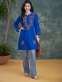 蓝色 纯棉轻薄透气春夏款 印度服饰纯手工刺绣民族风中长款 上衣长袖