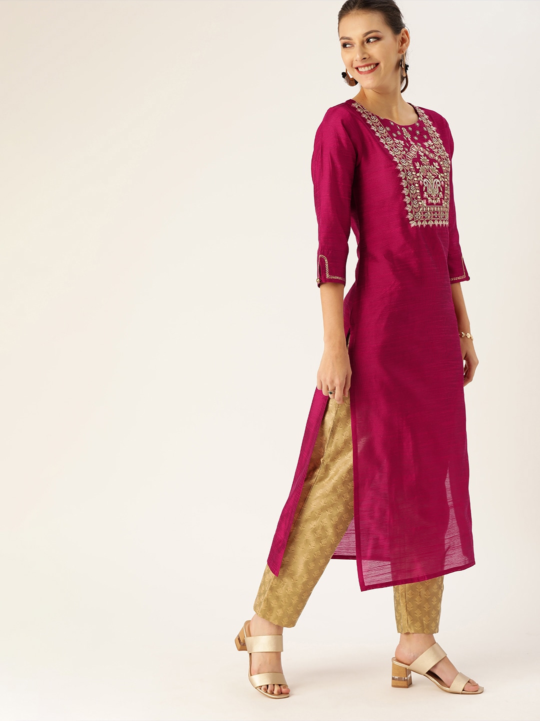 印度服饰女上衣生丝刺绣民族风中长款七分袖玫红色新品现货-封面