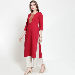 印度服饰女纯棉刺绣民族风中长款 春夏 上衣枣红色薄款