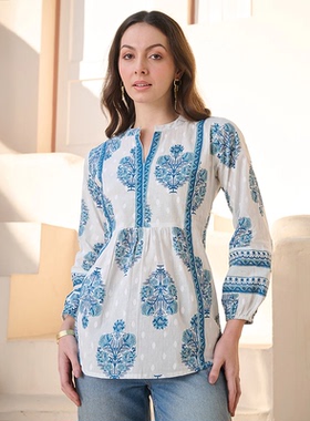 印度女装传统薄款异域风情印花白色立领短款纯棉休闲长袖库塔上衣