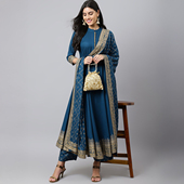 印度异域风情服装 印花棉绸透气宝蓝气质传统显瘦三件套 立领春夏款