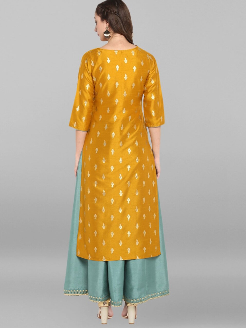 C2-1-4 INDIAN IMPORTED ETHNIC STYLE WOMENS CLOTHING PRINTED THREE-QUARTER SLEEVE PULLOVER ROUND NECK DRAPE TWO-PIECE SET LONG YELLOW