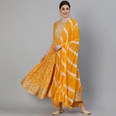 印度进口民族风女传统服饰中长款 印花3件套黄色薄 旁遮比纯棉套装