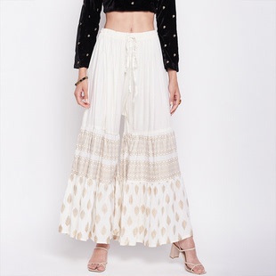 百搭白 显高显瘦宽松绵绸蛋糕裤 印度进口小众民族风裤 子休闲阔腿裤