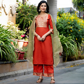 棉混纺薄款 印度进口服饰女传统民族风红色中长款 七分袖 印花三件套