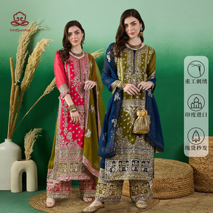 乔其纱旁遮比3件套服装 印度进口传统服饰女装 重工刺绣亮片套装