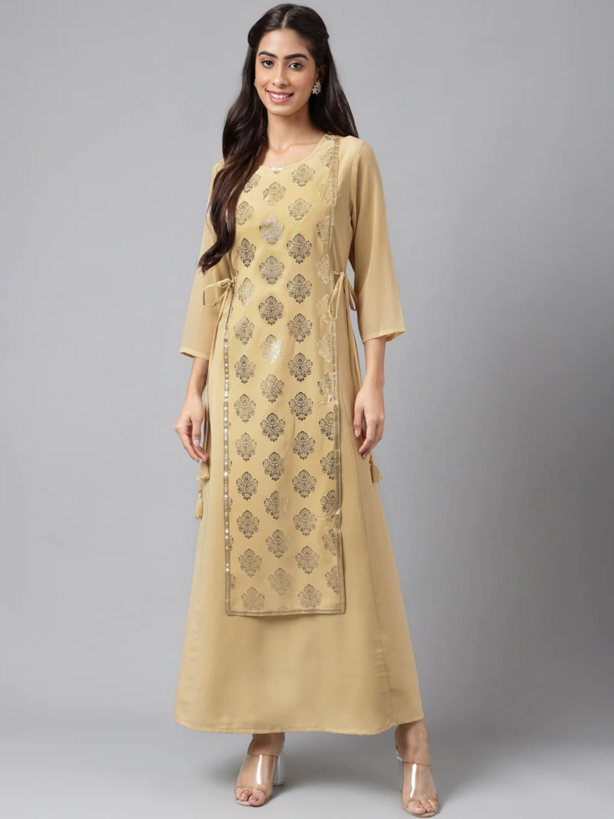 C2-1-4 INDIA IMPORT DRESS WOMENS PRINT CROPPED SLEEVES ROUND NECK DRAP WAIST DRAWSTRING LONG BEIGE 2024