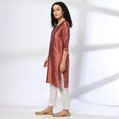 上衣圆领休闲通勤桃红色 丝绵印花套头中长款 印度服装 民族风女装